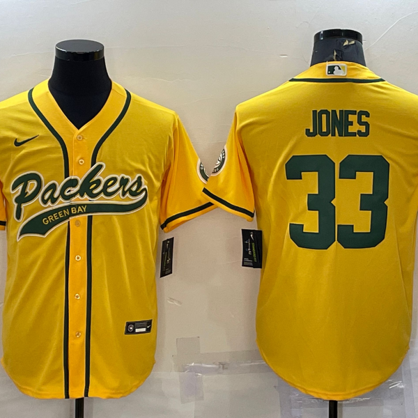 Men’s Green Bay Packers #33 Aaron Jones Yellow With Patch Cool Base Stitched Baseball Jersey