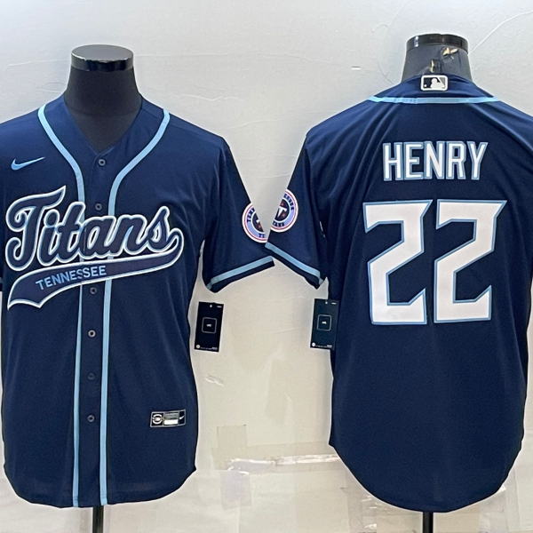 Men’s Tennessee Titans #22 Derrick Henry Navy With Patch Cool Base Stitched Baseball Jersey