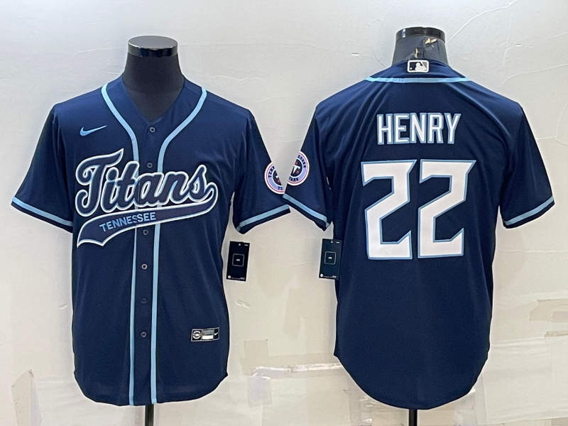 Men’s Tennessee Titans #22 Derrick Henry Navy With Patch Cool Base Stitched Baseball Jersey