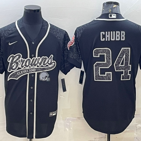 Men’s Cleveland Browns #24 Nick Chubb Black Reflective With Patch Cool Base Stitched Baseball Jersey