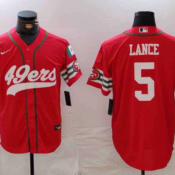 Men’s San Francisco 49ers #5 Trey Lance Red Mexico Cool Base Stitched Baseball Jersey