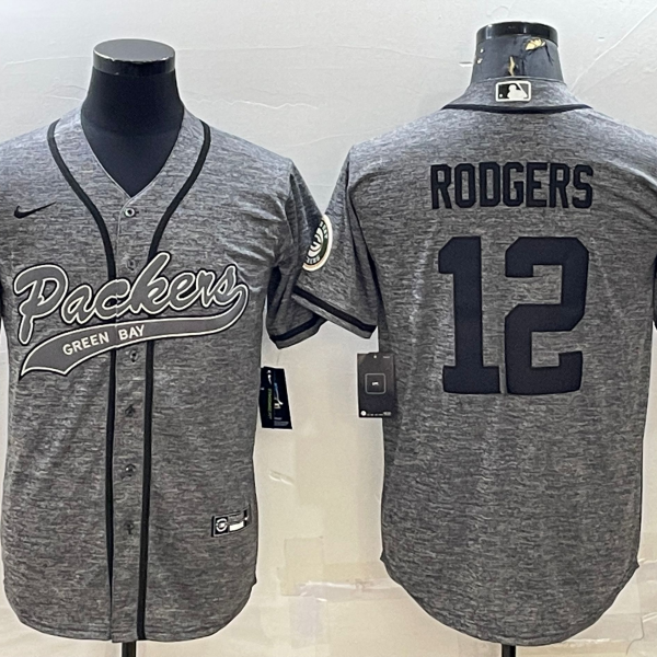 Men’s Green Bay Packers #12 Aaron Rodgers Grey Gridiron With Patch Cool Base Stitched Baseball Jersey