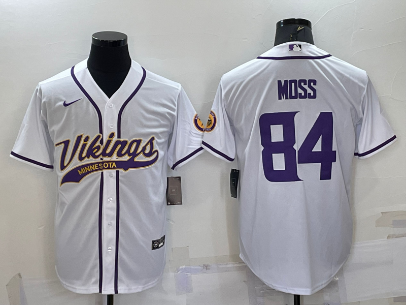 Men’s Minnesota Vikings #84 Randy Moss White With Patch Cool Base Stitched Baseball Jersey