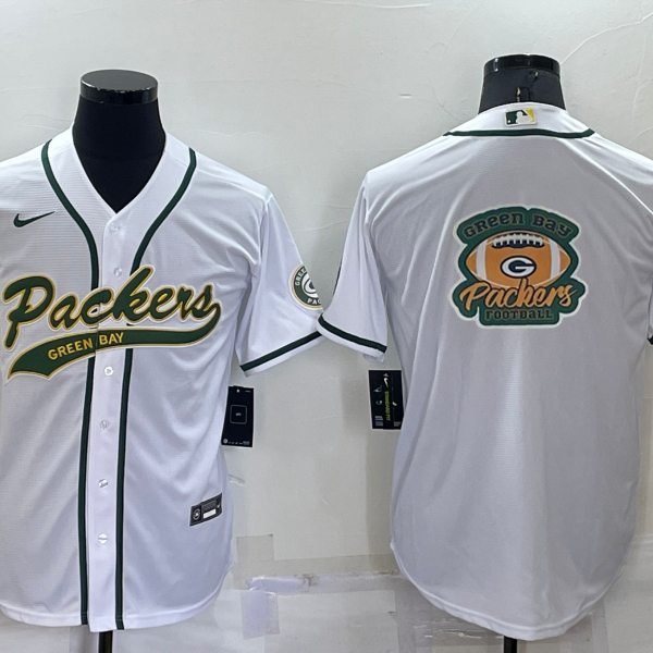 Men’s Green Bay Packers White Team Big Logo With Patch Cool Base Stitched Baseball Jersey