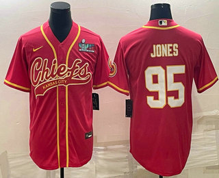 Men’s Kansas City Chiefs #95 Chris Jones Red With Super Bowl LVII Patch Cool Base Stitched Baseball Jersey