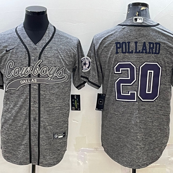 Men’s Dallas Cowboys #20 Tony Pollard Grey Gridiron With Patch Cool Base Stitched Baseball Jersey