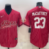 Men’s San Francisco 49ers #23 Christian McCaffrey Red Pinstripe With Patch Cool Base Stitched Baseball Jersey