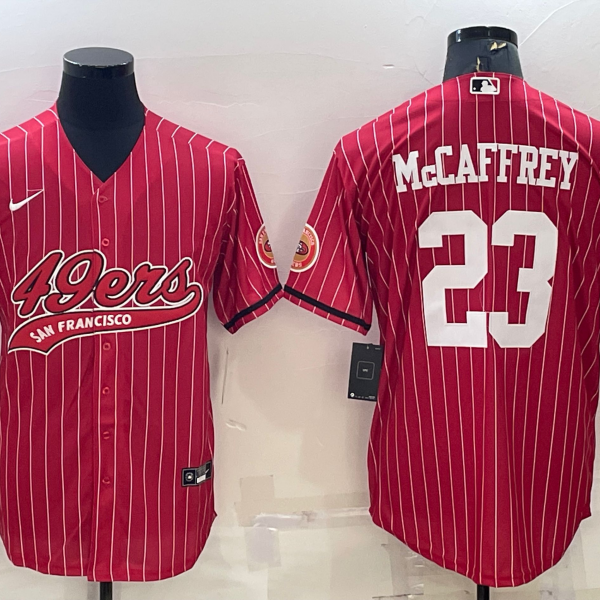 Men’s San Francisco 49ers #23 Christian McCaffrey Red Pinstripe With Patch Cool Base Stitched Baseball Jersey