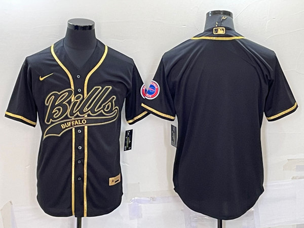 Men’s Buffalo Bills Blank Black Gold With Patch Cool Base Stitched Baseball Jersey