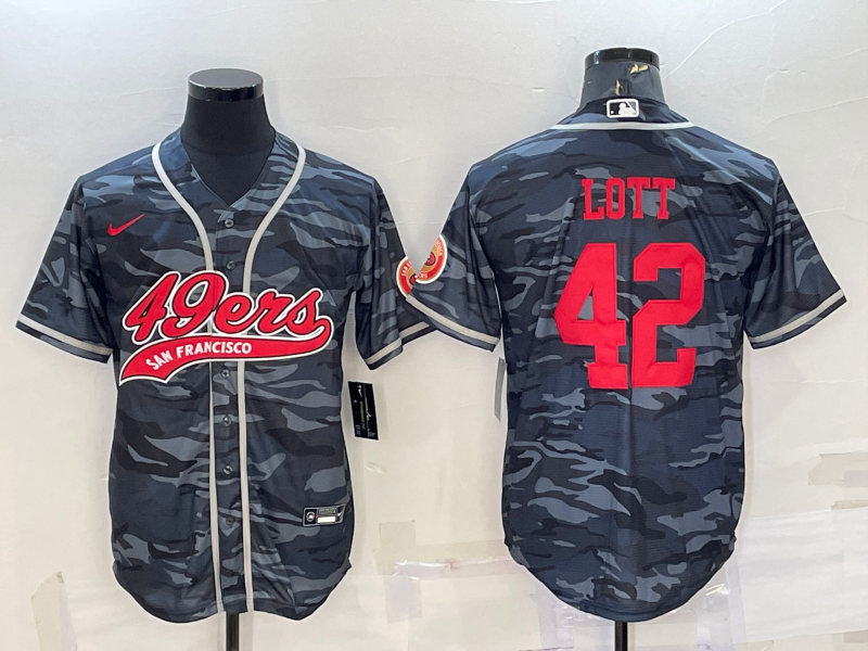 Men’s San Francisco 49ers #42 Ronnie Lott Grey Camo With Patch Cool Base Stitched Baseball Jersey