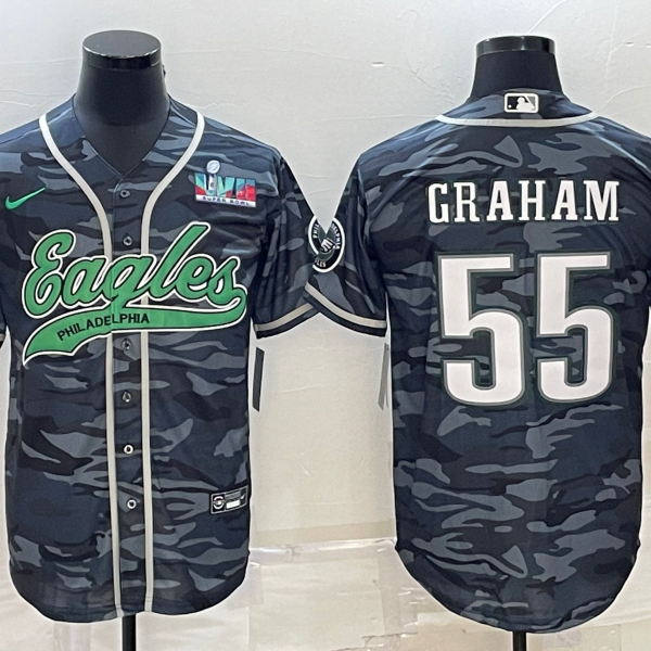 Men’s Philadelphia Eagles #55 Brandon Graham Gray Camo With Super Bowl LVII Patch Cool Base Stitched Baseball Jersey