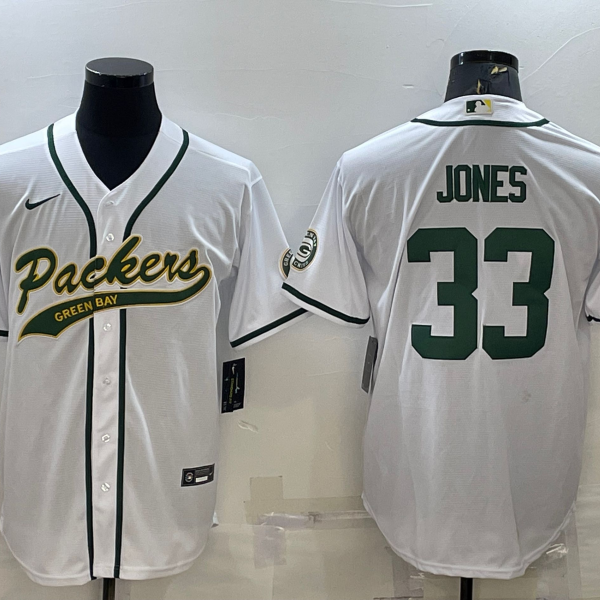 Men’s Green Bay Packers #33 Aaron Jones White With Patch Cool Base Stitched Baseball Jersey
