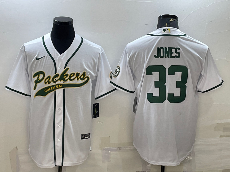 Men’s Green Bay Packers #33 Aaron Jones White With Patch Cool Base Stitched Baseball Jersey