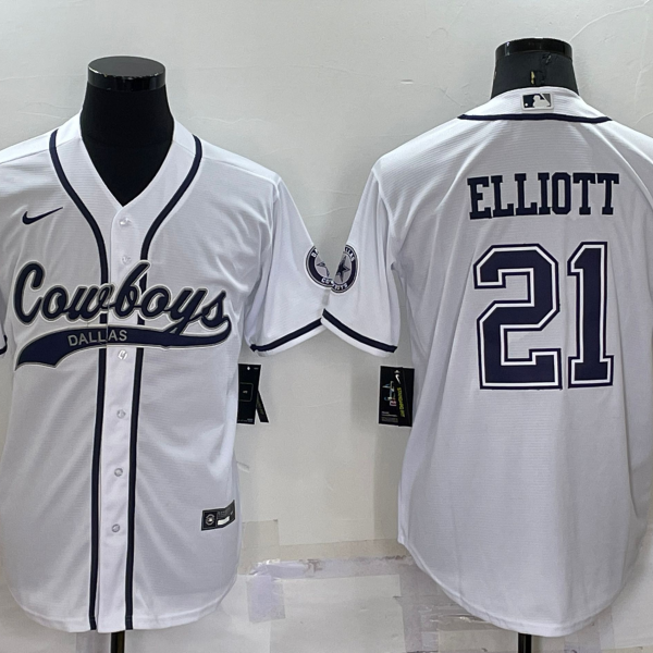 Men’s Dallas Cowboys #21 Ezekiel Elliott White Stitched Cool Base Nike Baseball Jersey