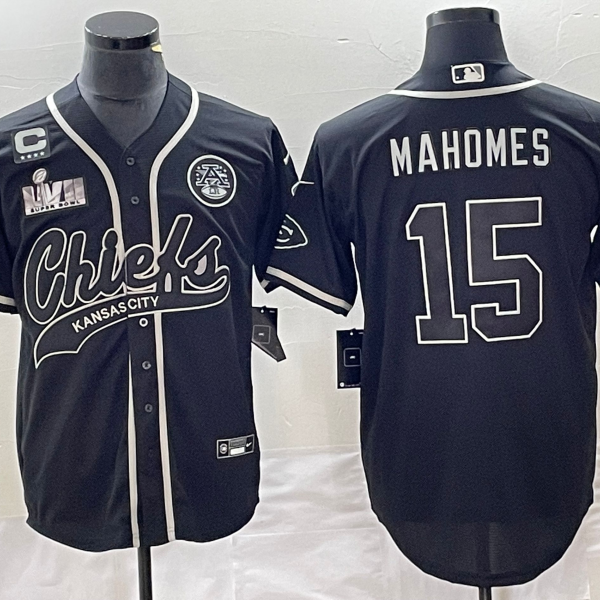 Men’s Kansas City Chiefs #15 Patrick Mahomes Black C Patch Super Bowl LVII Cool Base Stitched Baseball Jersey