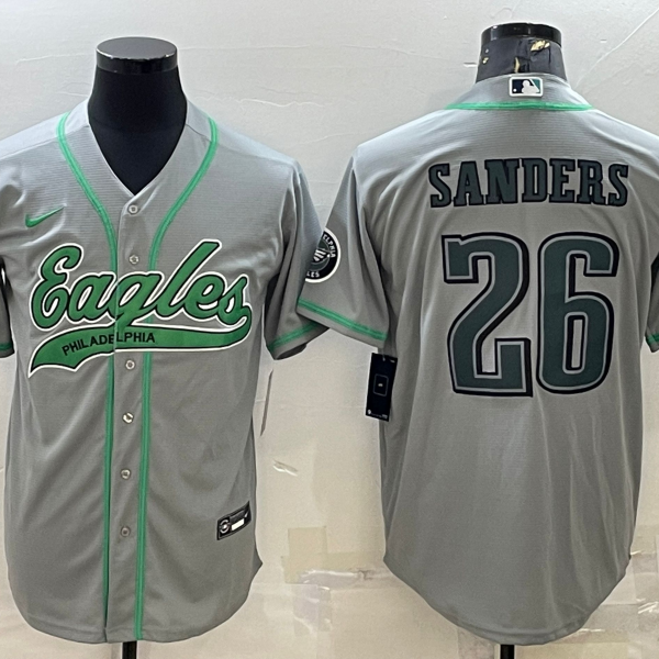Men’s Philadelphia Eagles #26 Miles Sanders Grey With Patch Cool Base Stitched Baseball Jersey