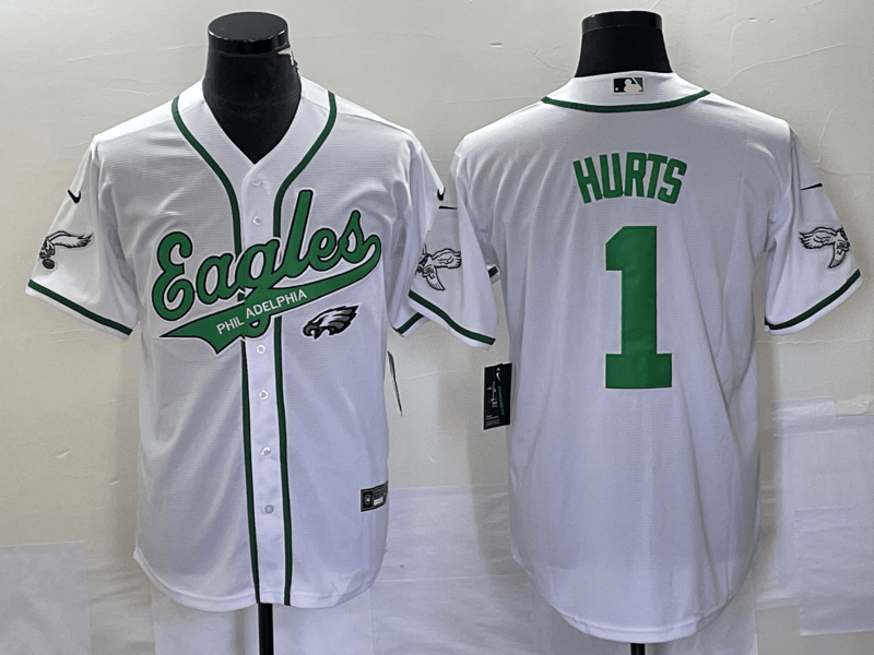 Men’s Philadelphia Eagles #1 Jalen Hurts White Cool Base Stitched Baseball Jersey