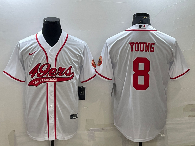 Men’s San Francisco 49ers #8 Steve Young White With Patch Cool Base Stitched Baseball Jersey