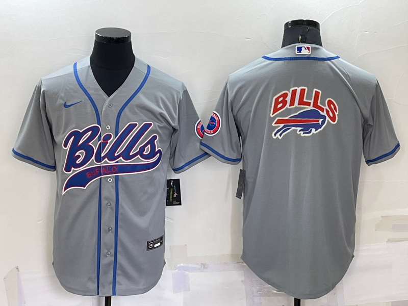 Men’s Buffalo Bills Grey Team Big Logo With Patch Cool Base Stitched Baseball Jersey