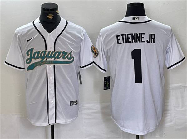 Men’s Jacksonville Jaguars #1 Travis Etienne Jr. White With Patch Cool Base Baseball Stitched Jersey