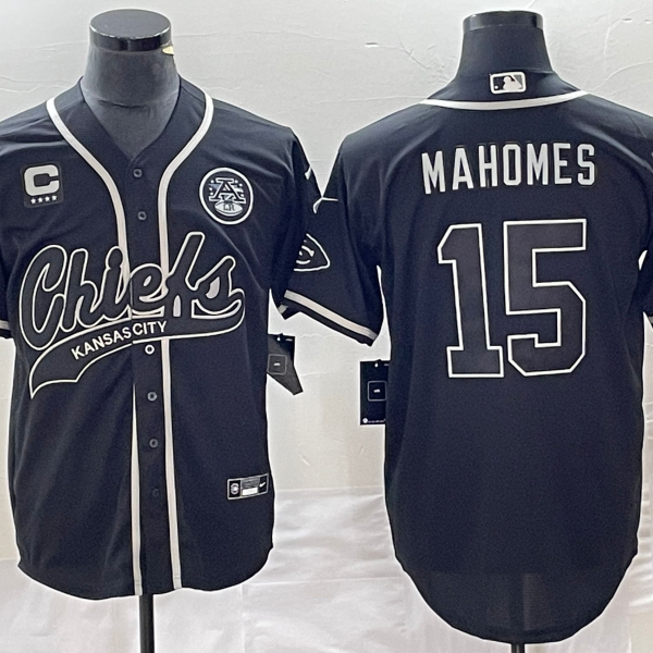 Men’s Kansas City Chiefs #15 Patrick Mahomes Black C Patch Cool Base Stitched Baseball Jersey