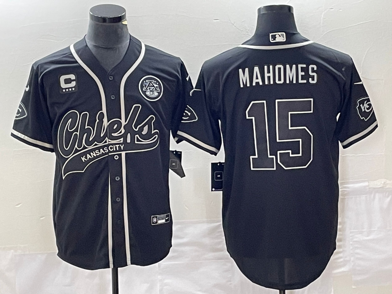 Men’s Kansas City Chiefs #15 Patrick Mahomes Black C Patch Cool Base Stitched Baseball Jersey