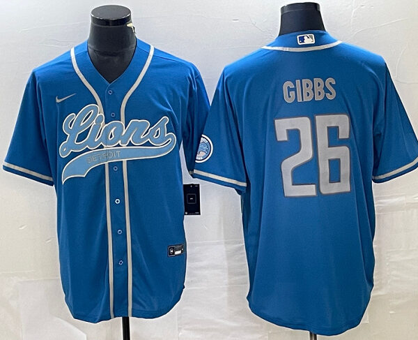Men’s Detroit Lions #26 Jahmyr Gibbs Blue Cool Base Stitched Baseball Jersey