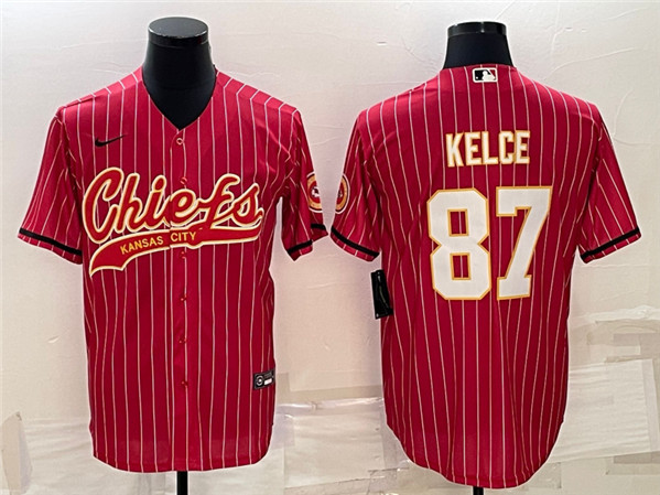 Men’s Kansas City Chiefs #87 Travis Kelce Red With Patch Cool Base Stitched Baseball Jersey