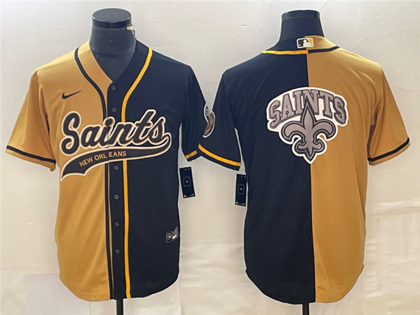 Men’s New Orleans Saints Black Gold Split Team Big Logo Cool Base Stitched Baseball Jersey