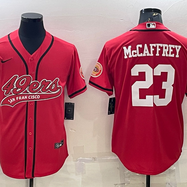 Men’s San Francisco 49ers #23 Christian McCaffrey Red With Patch Cool Base Stitched Baseball Jersey