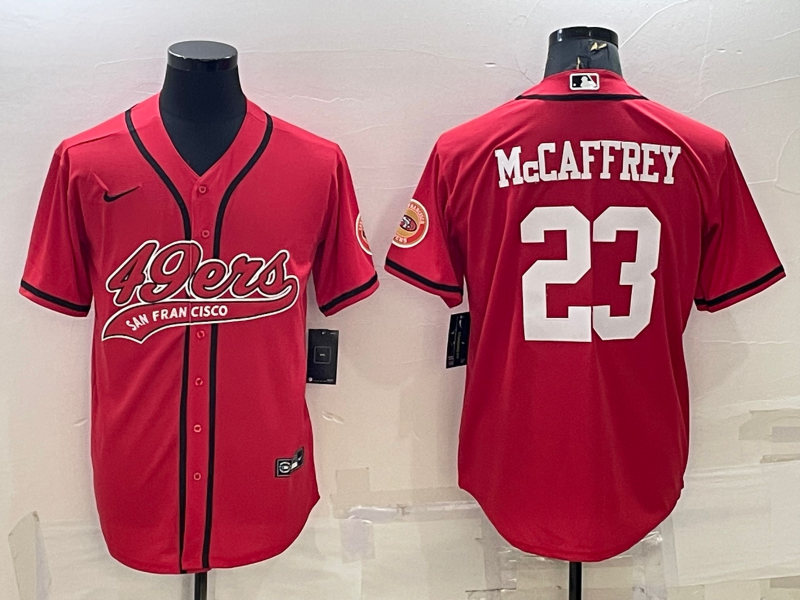 Men’s San Francisco 49ers #23 Christian McCaffrey Red With Patch Cool Base Stitched Baseball Jersey
