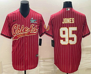 Men’s Kansas City Chiefs #95 Chris Jones Red Pinstripe With Super Bowl LVII Patch Cool Base Stitched Baseball Jersey
