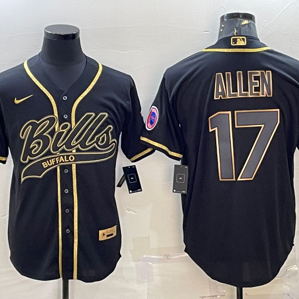Men’s Buffalo Bills #17 Josh Allen Black Gold With Patch Cool Base Stitched Baseball Jersey