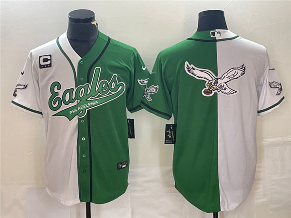 Men’s Philadelphia Eagles Green White Split Team Big Logo With 3-star C Patch Cool Base Stitched Baseball Jersey