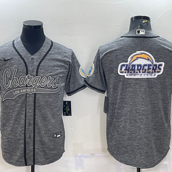 Men’s Los Angeles Chargers Grey Gridiron Team Big Logo Cool Base Stitched Baseball Jersey