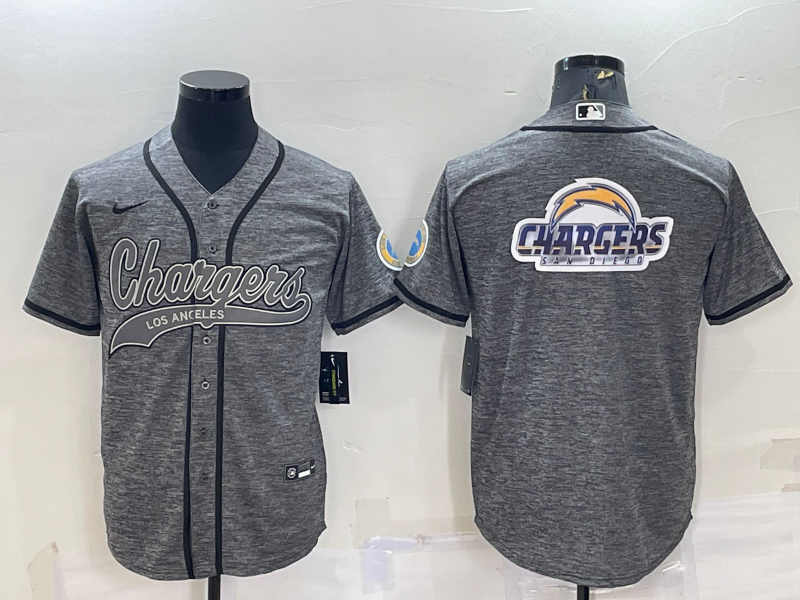 Men’s Los Angeles Chargers Grey Gridiron Team Big Logo Cool Base Stitched Baseball Jersey
