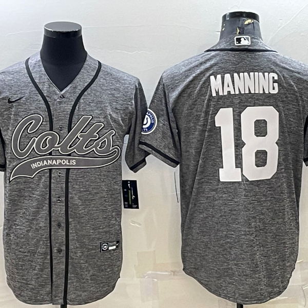 Men’s Indianapolis Colts #18 Peyton Manning Grey Gridiron With Patch Cool Base Stitched Baseball Jersey