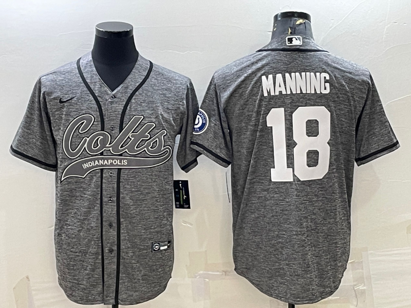 Men’s Indianapolis Colts #18 Peyton Manning Grey Gridiron With Patch Cool Base Stitched Baseball Jersey