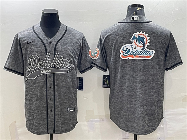 Men’s Miami Dolphins Gray Team Big Logo With Patch Cool Base Stitched Baseball Jersey