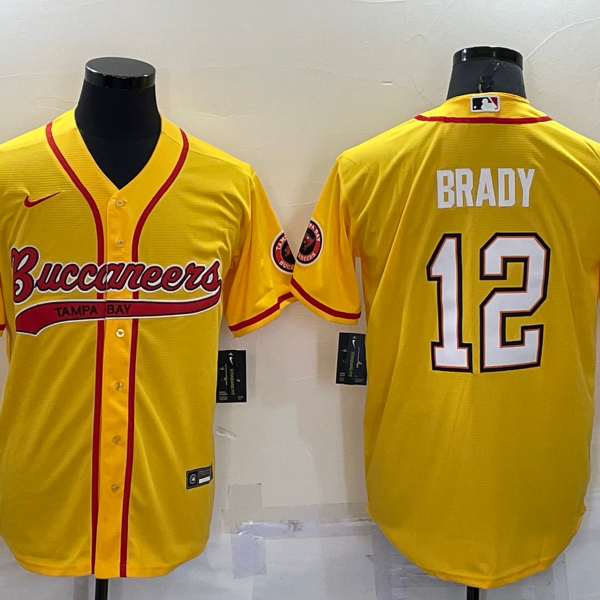 Men’s Tampa Bay Buccaneers #12 Tom Brady Yellow Stitched Cool Base Nike Baseball Jersey
