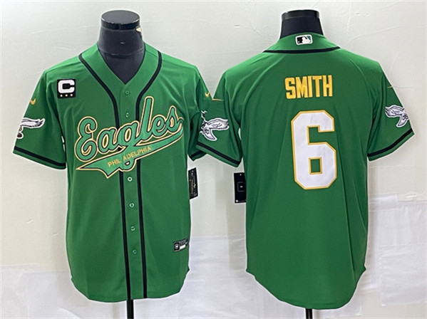 Men’s Philadelphia Eagles #6 DeVonta Smith Green Gold With C Patch Cool Base Baseball Stitched Jersey