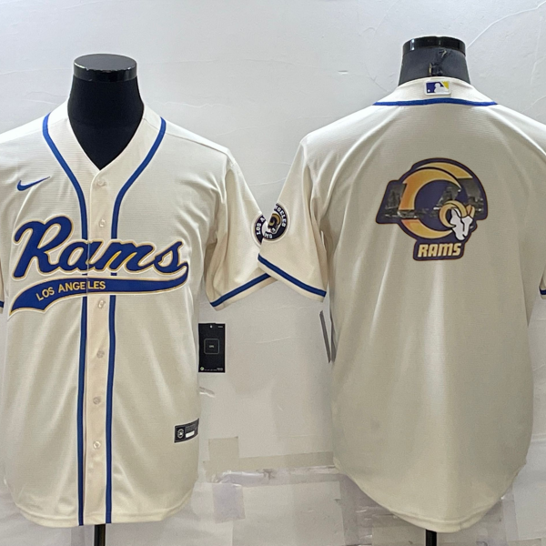 Men’s Los Angeles Rams Cream Team Big Logo With Patch Cool Base Stitched Baseball Jersey