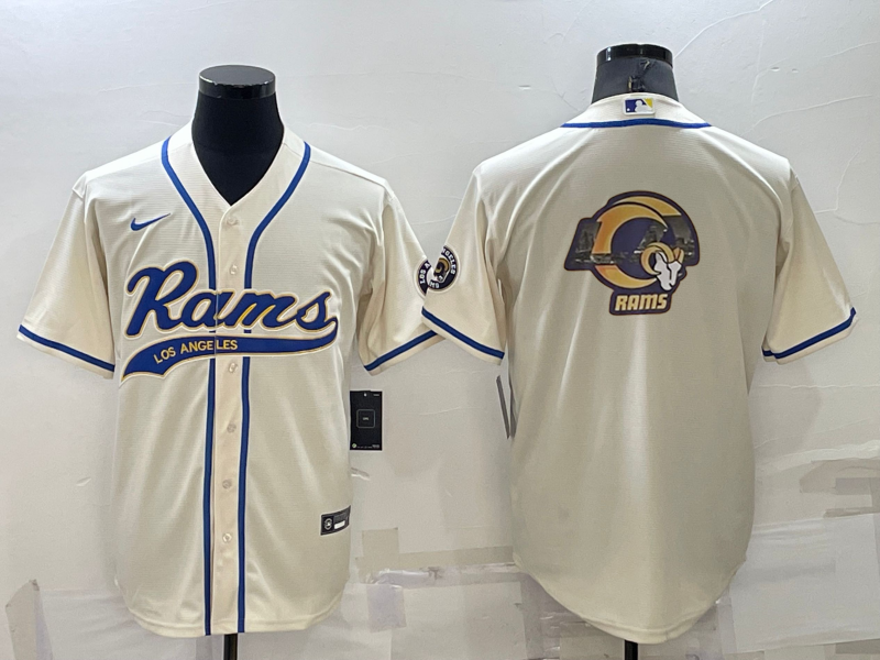 Men’s Los Angeles Rams Cream Team Big Logo With Patch Cool Base Stitched Baseball Jersey