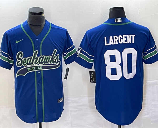 Men’s Seattle Seahawks #80 Steve Largent Royal Throwback Cool Base Stitched Baseball Jersey