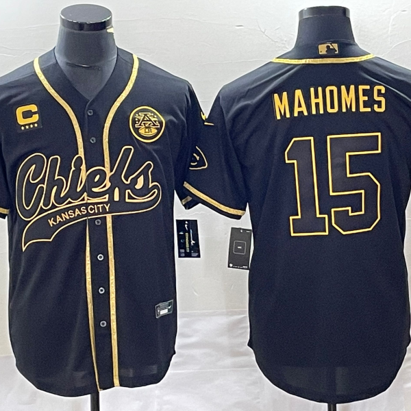 Men’s Kansas City Chiefs #15 Patrick Mahomes Black Gold C Patch Cool Base Stitched Baseball Jersey