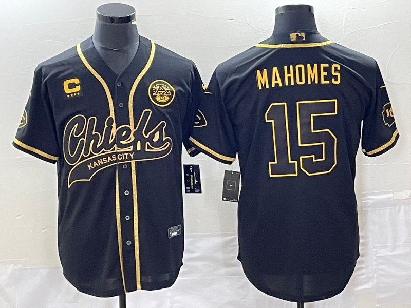 Men’s Kansas City Chiefs #15 Patrick Mahomes Black Gold C Patch Cool Base Stitched Baseball Jersey
