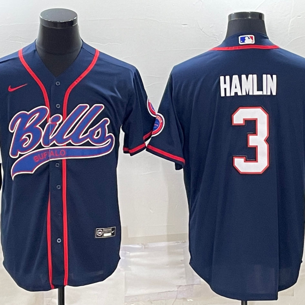 Men’s Buffalo Bills #3 Damar Hamlin Navy Blue With Patch Cool Base Stitched Baseball Jersey