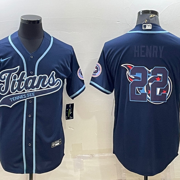 Men’s Tennessee Titans #22 Derrick Henry Navy Team Big Logo With Patch Cool Base Stitched Baseball Jersey