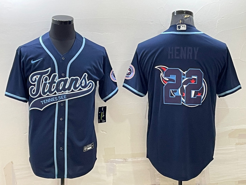 Men’s Tennessee Titans #22 Derrick Henry Navy Team Big Logo With Patch Cool Base Stitched Baseball Jersey