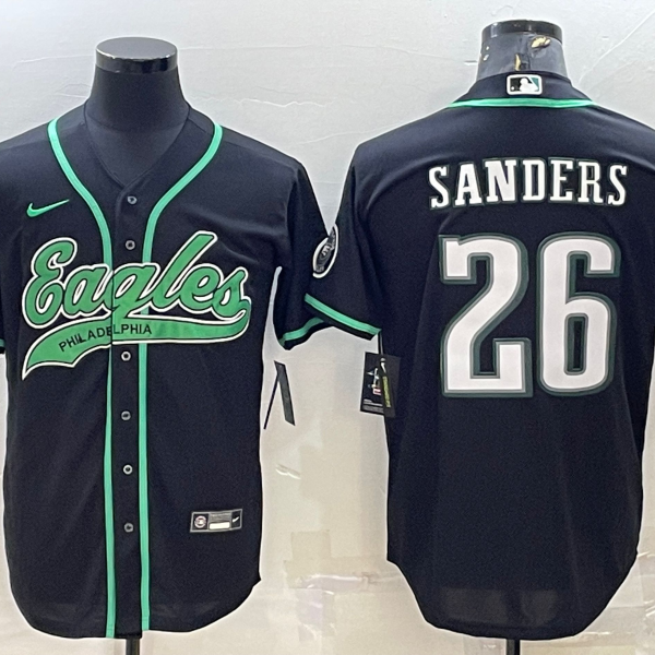 Men’s Philadelphia Eagles #26 Miles Sanders Black With Patch Cool Base Stitched Baseball Jersey
